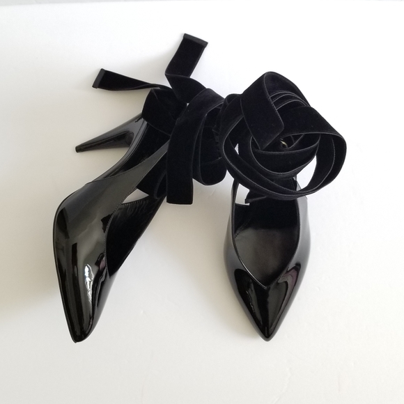 Saint Laurent Shoes - Saint Laurent Patent Leather Slingback Pointed Toe Lace Up Pumps Size 38…
